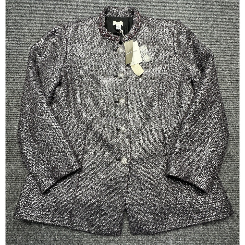 Chicos Jacket Womens 2 Silver Metallic Tweed Rhinestone Button Lined Dressy New